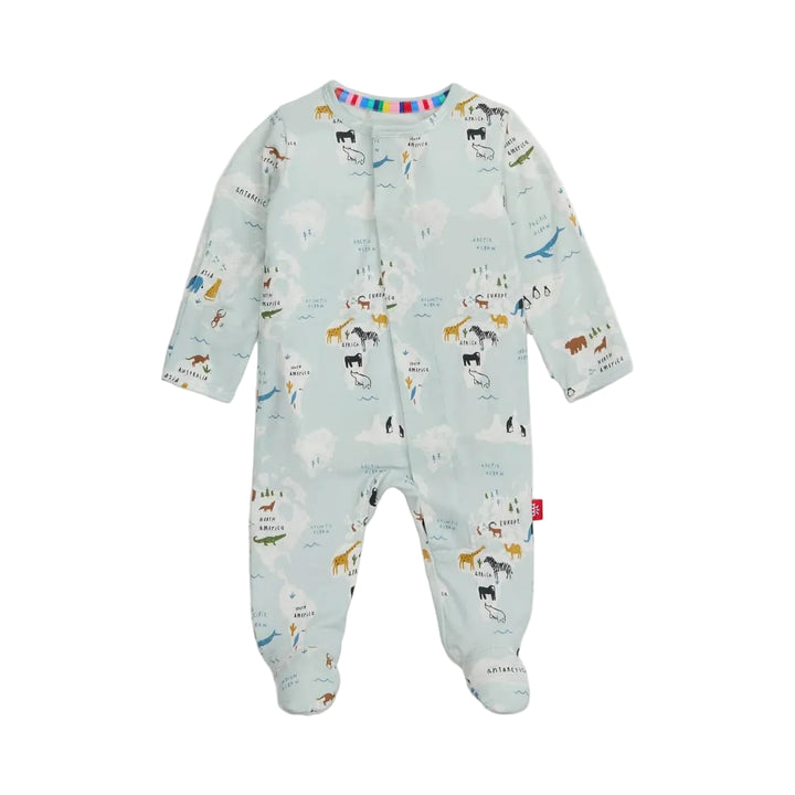 Baby sleeper with long sleeves, footies, and world animal map print on pale blue fabric