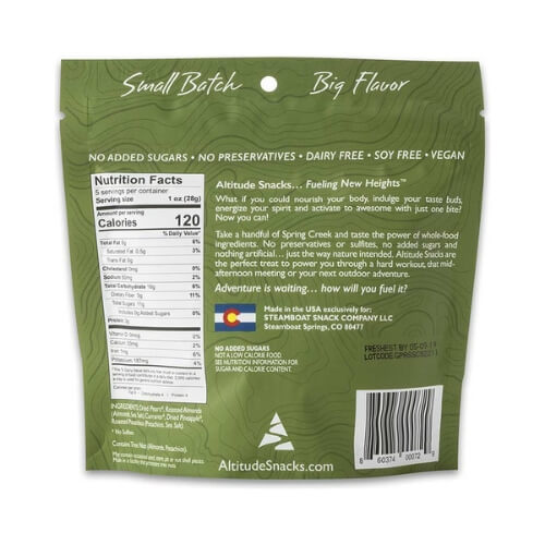 Back of the Altitude Snacks Spring Creek pouch with nutrition facts