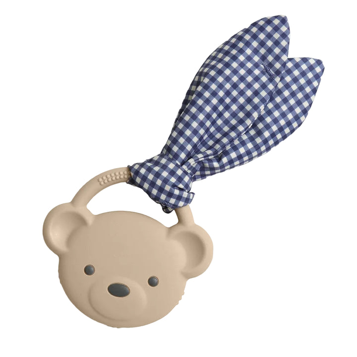 Bear-shaped silicone baby teether with blue gingham check fabric ears