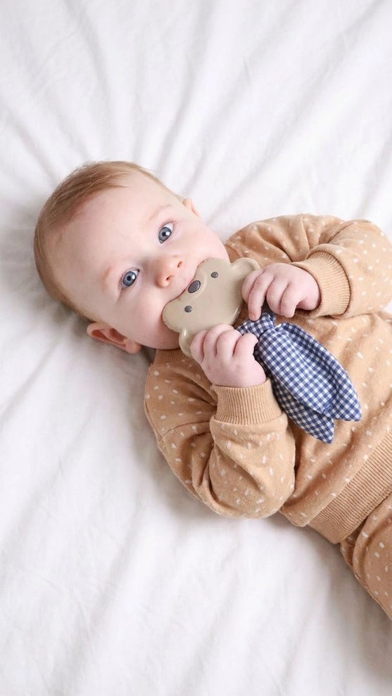 Baby holding bear-shaped teether with blue gingham fabric on white blanket