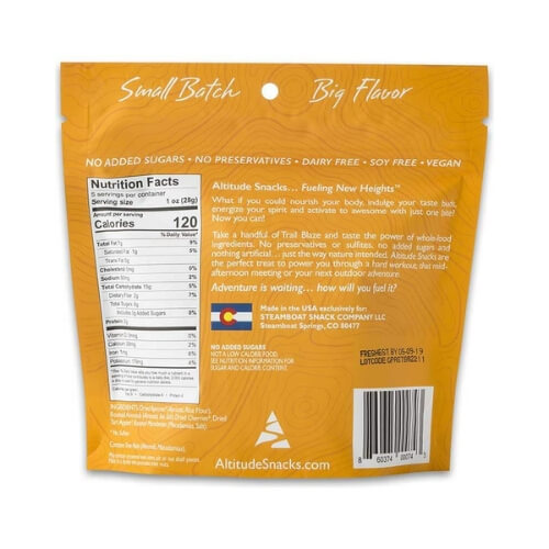 Back of the Altitude Snacks Trail Blaze pouch with nutrition facts