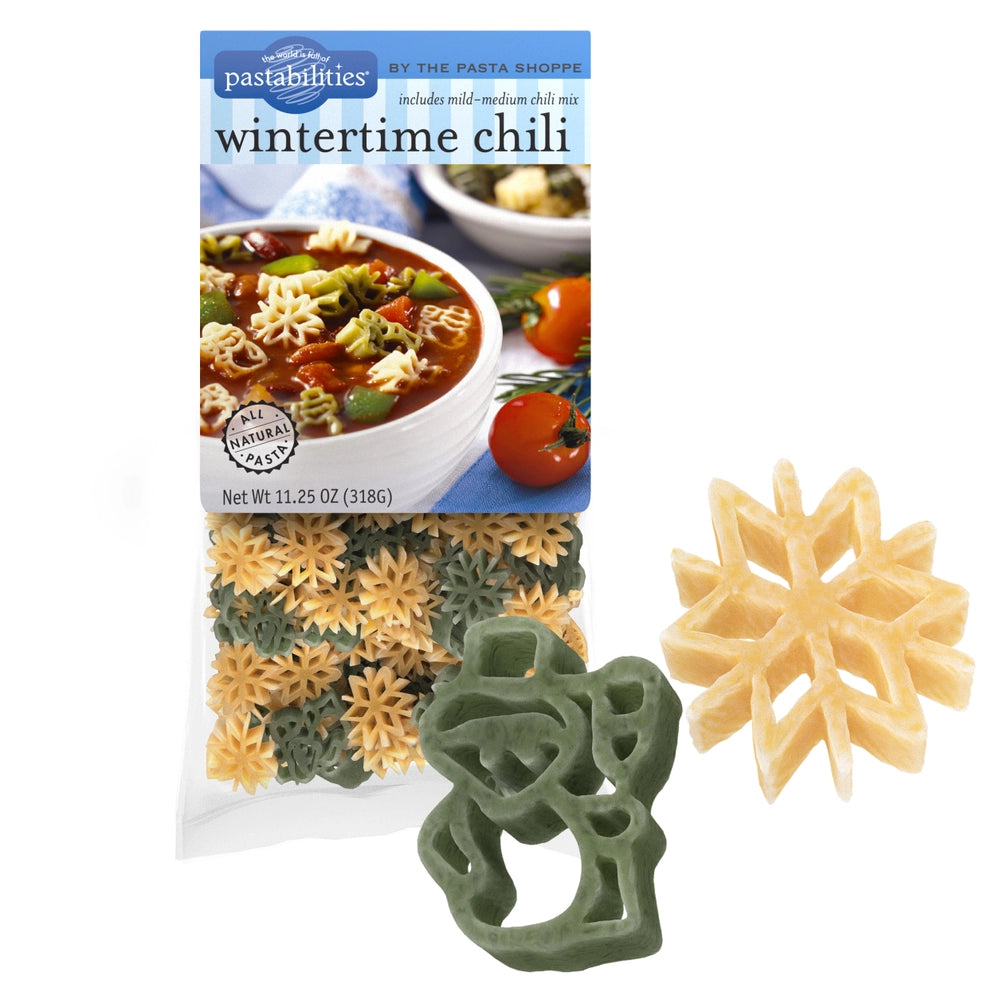 Pastabilities wintertime chili pasta mix packaging with snowflake-shaped pasta pieces.