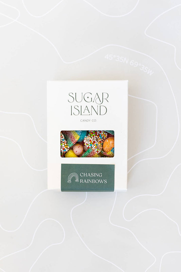 Chasing Rainbows Candy Mix in a white Sugar Island box with a green label and a window showing the colorful candy