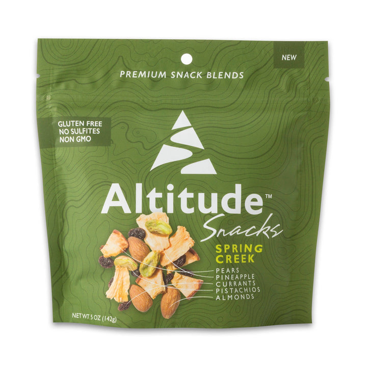 Altitude Snacks Spring Creek trail mix green 5 oz pouch on white