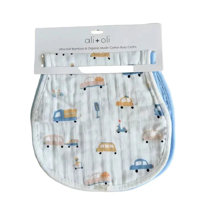 Two-pack bamboo muslin baby burp cloth set with pastel car pattern, packaged flat