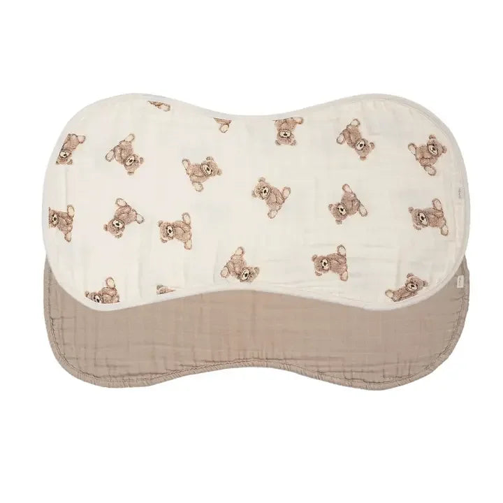 Set of two contoured bamboo muslin burp cloths, one beige, one with teddy bear print