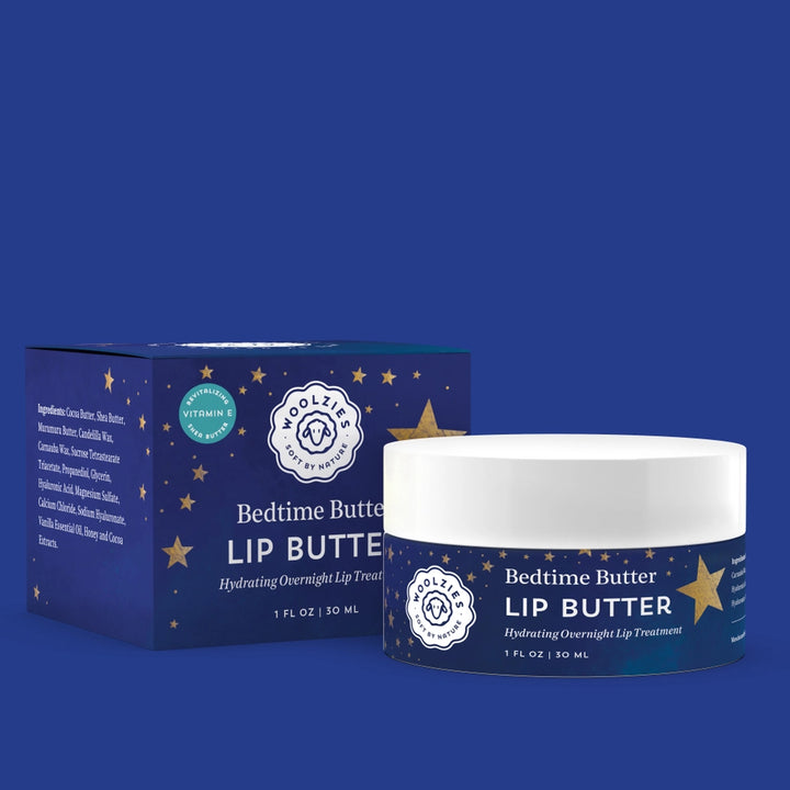 Bedtime Butter lip butter jar and box with starry night design, premium gift packaging
