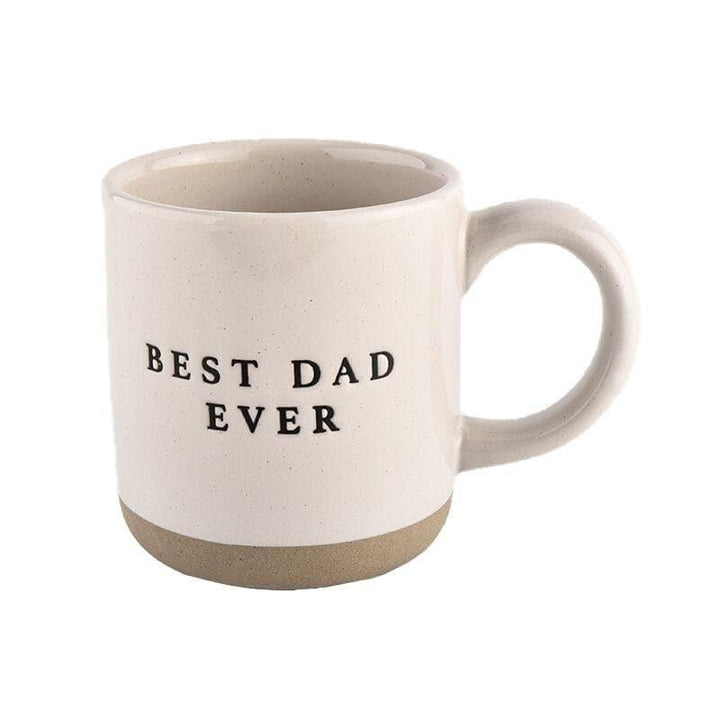 Stoneware mug with black engraved text for dad, cream and tan color, no packaging visible
