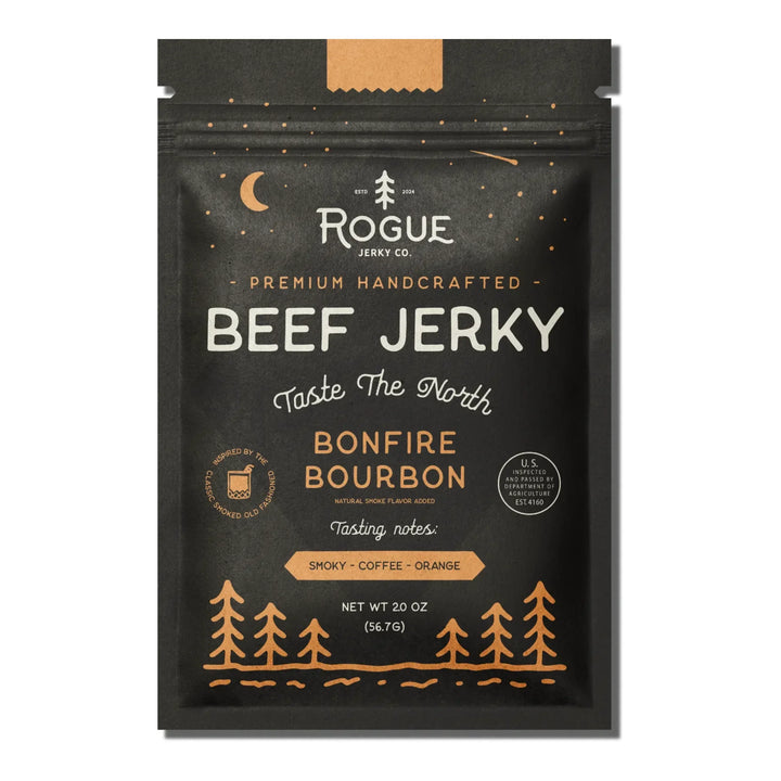 Bonfire Bourbon beef jerky in black resealable pouch with gold forest and moon design
