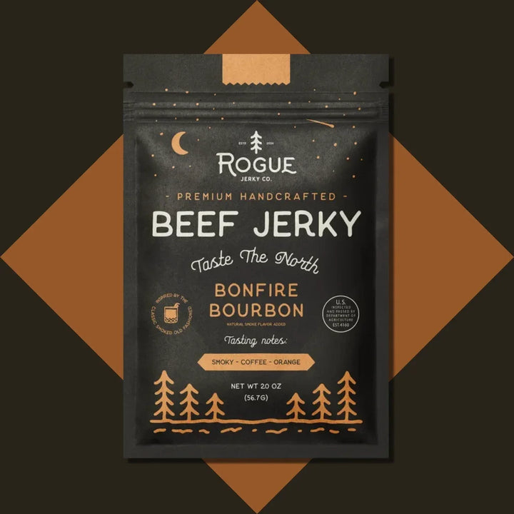 Bonfire Bourbon beef jerky in black resealable pouch with orange and white forest design