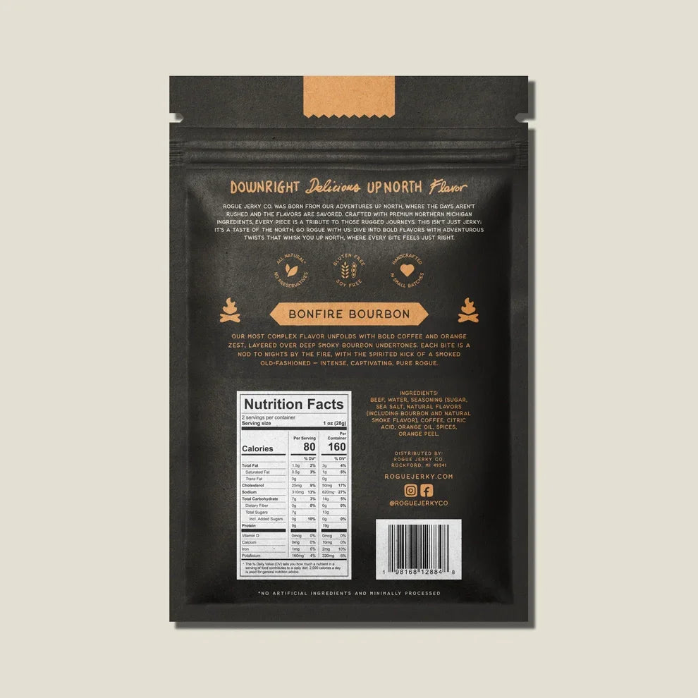 Back of black Bonfire Bourbon beef jerky pouch with nutritional label and product details