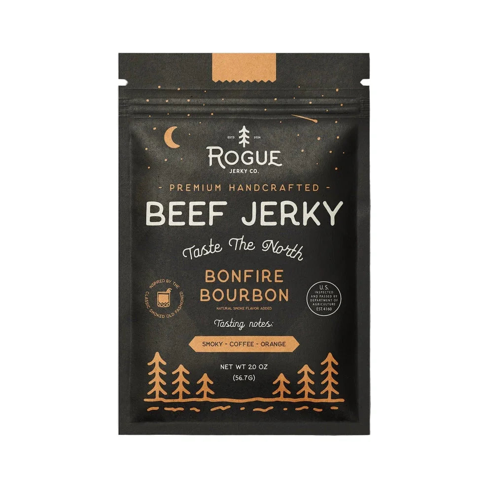 Black pouch of premium beef jerky with bonfire bourbon flavor, featuring modern forest design.
