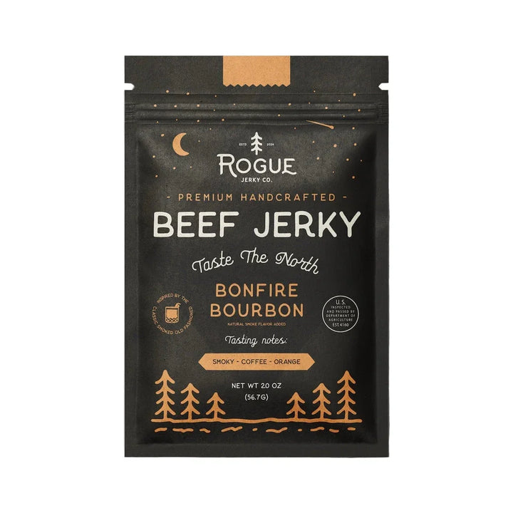Black pouch of premium beef jerky with bonfire bourbon flavor, featuring modern forest design.