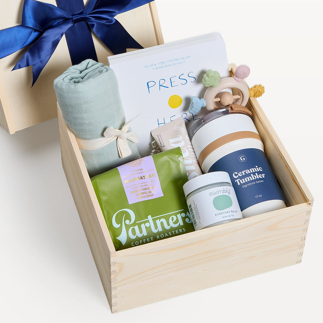 Bundle of Joy Wooden Gift Crate Sage Green, close-up of the open crate. Giften Market.
