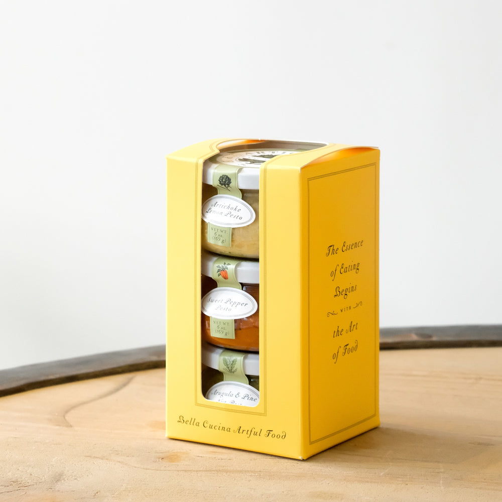 Bella Cucina Chef's Selection Pesto gift box on a wooden table