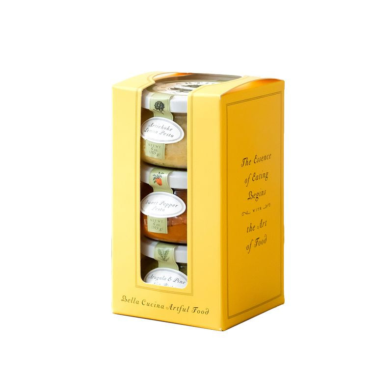 Bella Cucina Chef's Selection Pesto Gift Set, three jars in a yellow gift box
