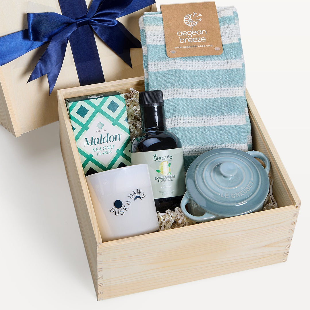 Coastal Kitchen Gift Crate, close-up of the open wooden crate. Giften Market.