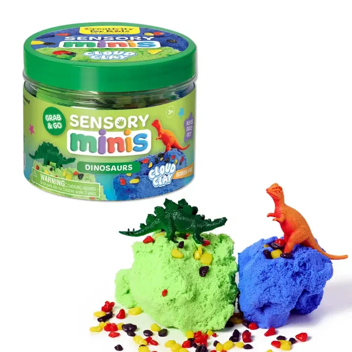 Dinosaur sensory play set with colorful cloud clay, plastic dinosaur figurines, and sensory jar packaging