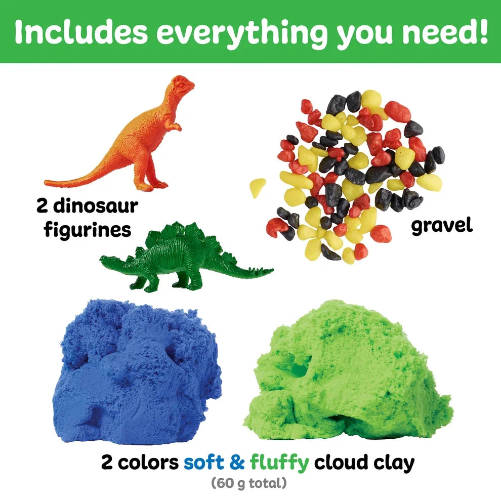 Dinosaur play set with two figurines, colorful gravel, blue and green sensory cloud clay