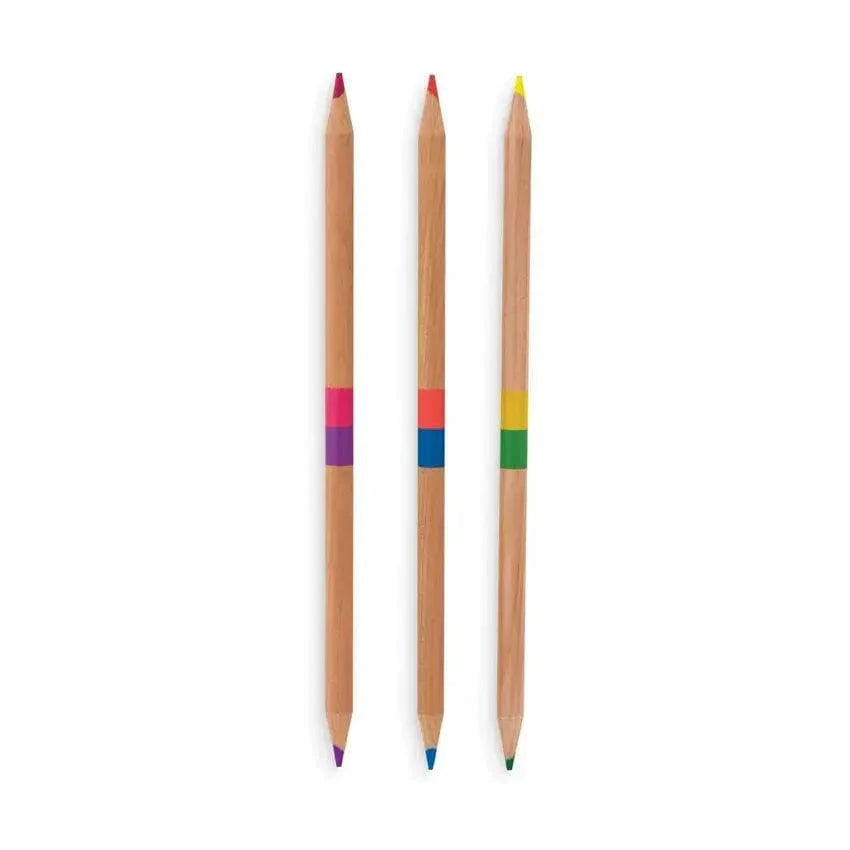 Set of three double-ended colored pencils with natural wood finish and bright tips