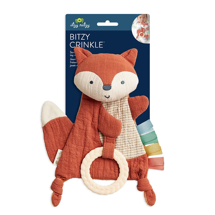 Fox-shaped sensory baby toy with teether ring and colorful ribbon tags, retail packaging