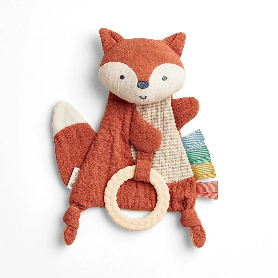Fox-shaped sensory baby toy with teether and colorful ribbon tags on white background