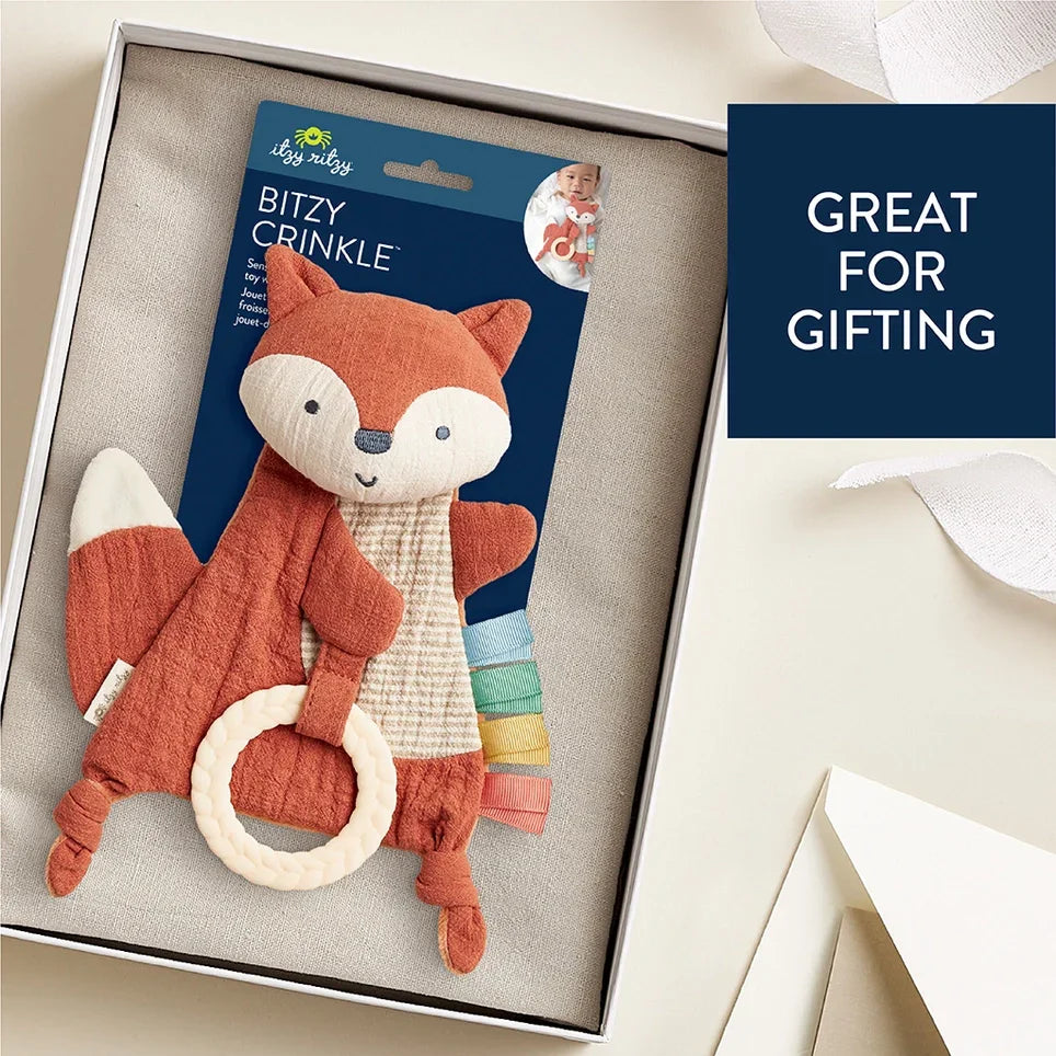 Fox-shaped sensory baby toy with teether ring in a white gift box