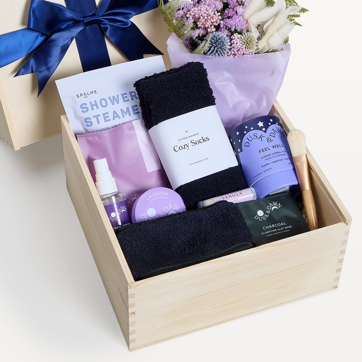 Grace &amp; Gratitude Gift Crate Lavender, close-up of the open wooden crate. Giften Market.