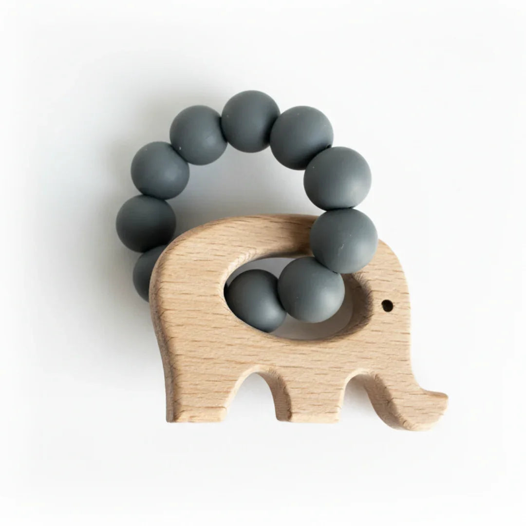 Gray Elephant Silicone & Beechwood Baby Teether - Giften Market