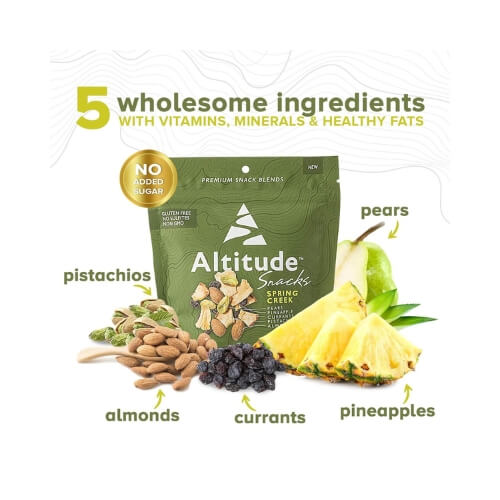 Altitude Snacks Spring Creek green pouch with pistachios, almonds, currants, pear and pineapple