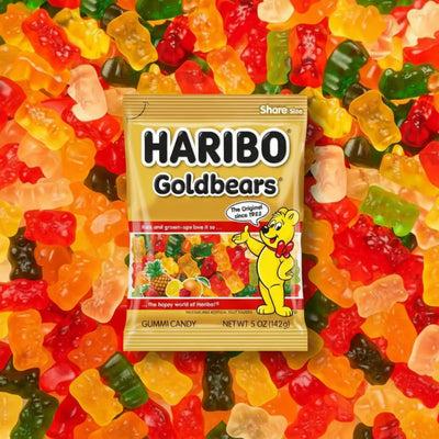 Haribo Goldbears 5 oz share size bag on a pile of gummy bears