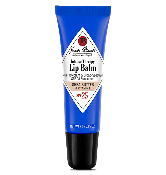 Blue tube of lip balm with shea butter and vitamin E, SPF 25, on white background