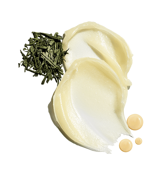 Rich lip balm spread with green tea leaves and vitamin E drops on white background