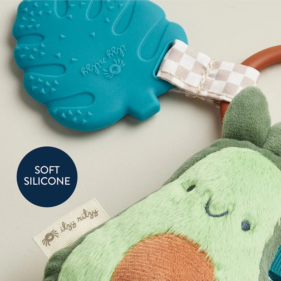 Avocado plush baby teether with soft silicone leaf and gingham ribbon accent