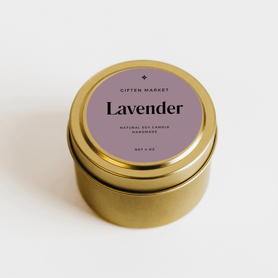 Lavender Gold Travel Candle in a gold tin with mauve label, front view