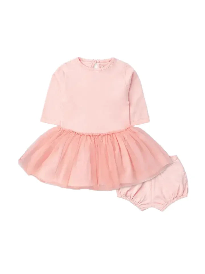Light pink baby tulle dress with matching bloomers, displayed on a white background
