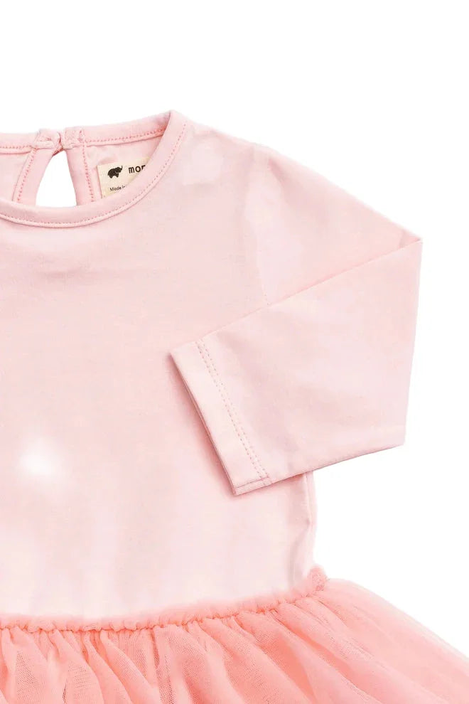 Light pink baby dress with long sleeves and soft tulle skirt detail