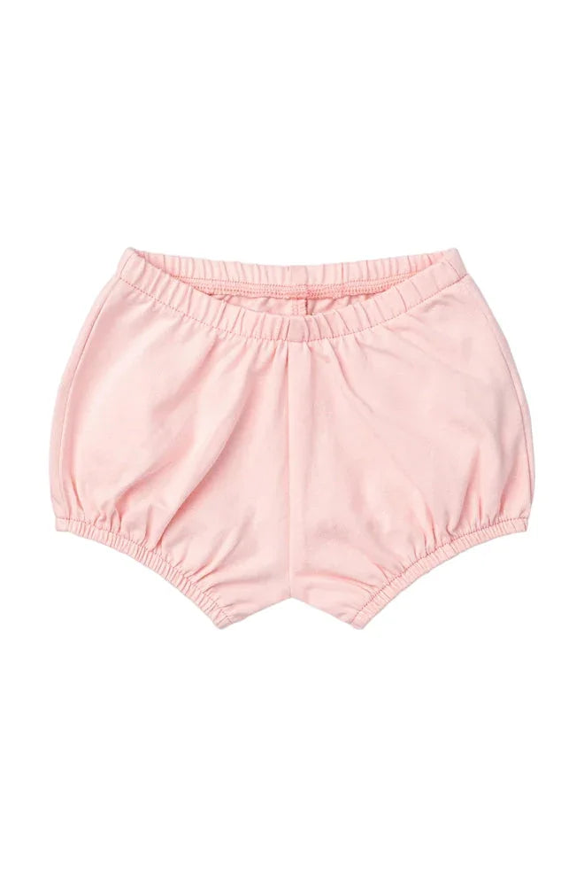 Light pink baby bloomers with elastic waistband and leg openings, displayed on white background