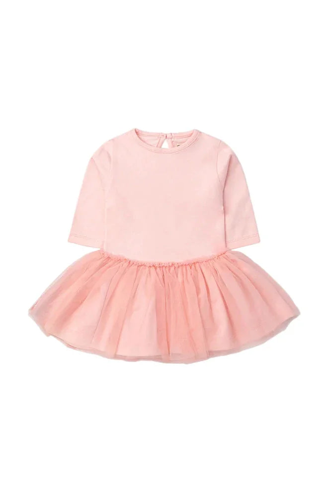 Light pink baby tulle dress with long sleeves and a soft gathered skirt, displayed flat