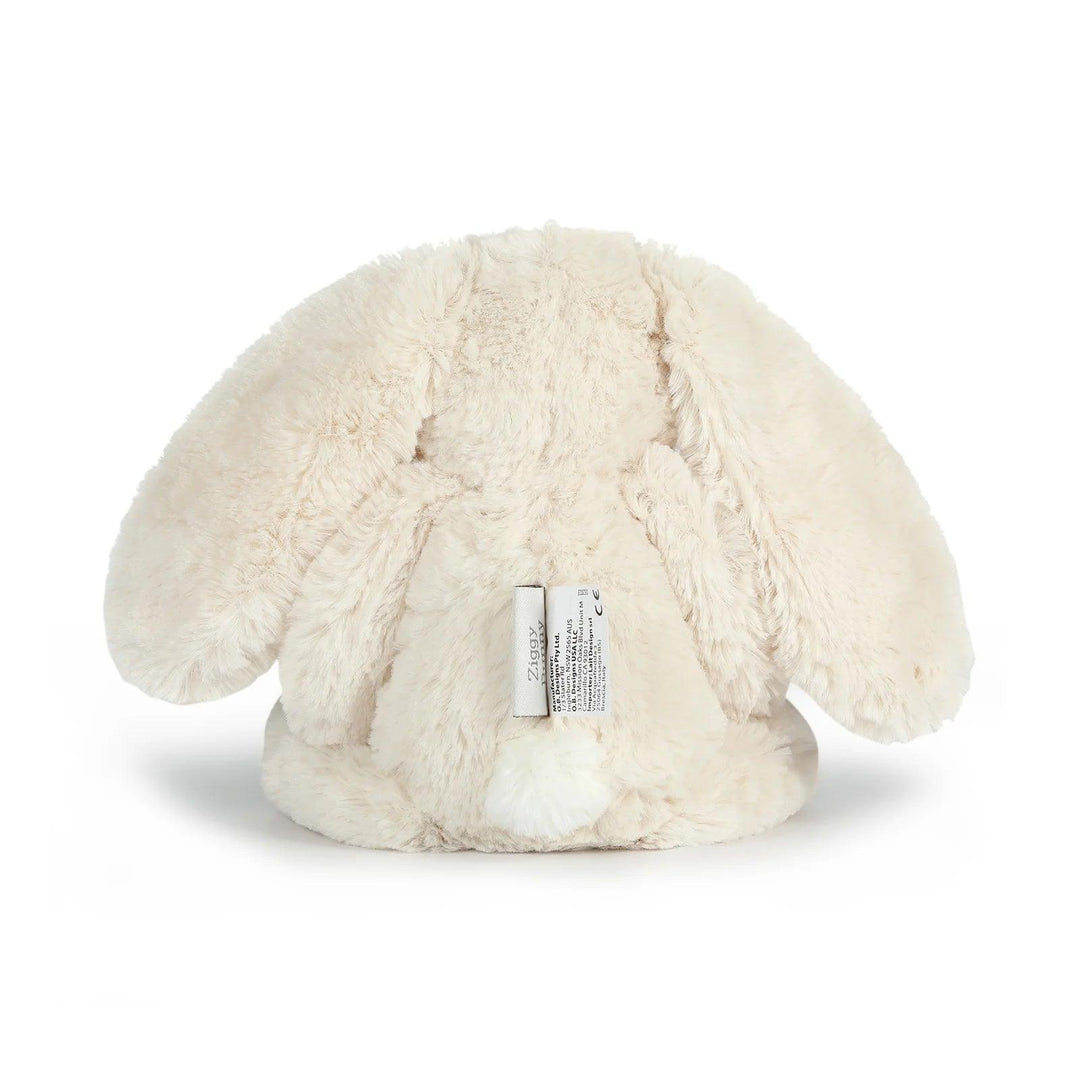 Plush cream bunny soft toy with floppy ears and tag, displayed on a white background