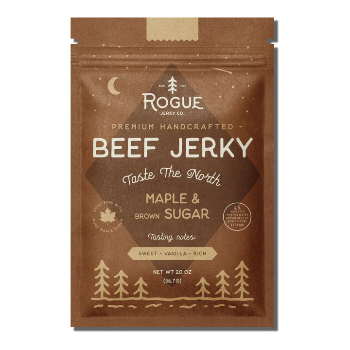 Maple and brown sugar beef jerky in a kraft pouch with forest design accents
