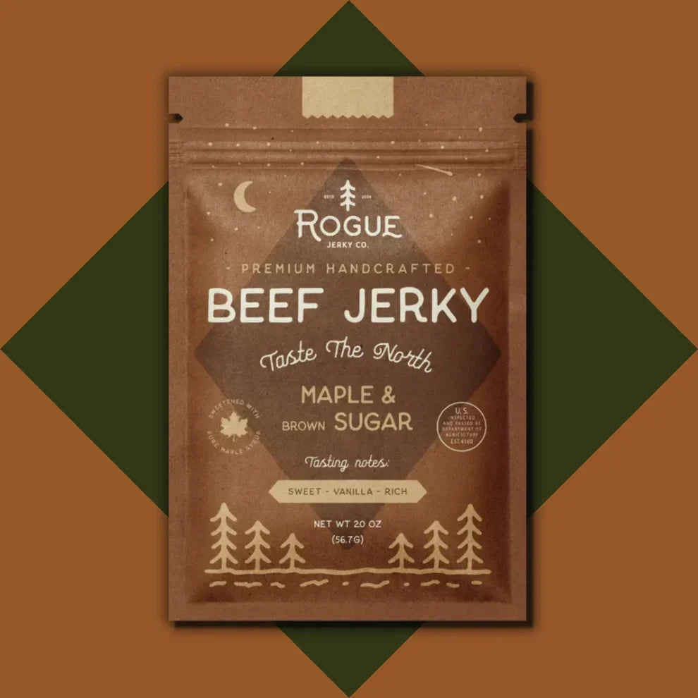 Maple and brown sugar beef jerky in resealable brown pouch with forest design background