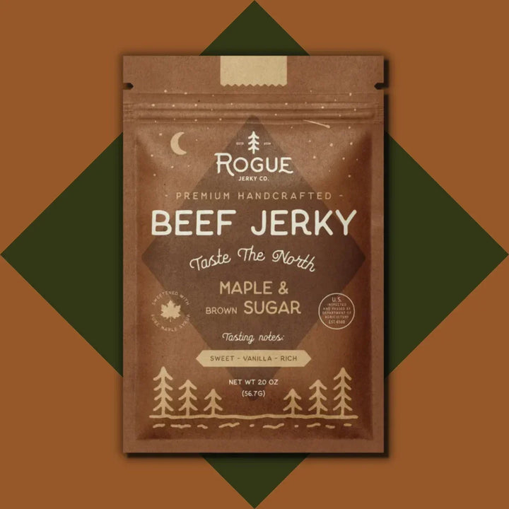 Maple and brown sugar beef jerky in resealable brown pouch with forest design background