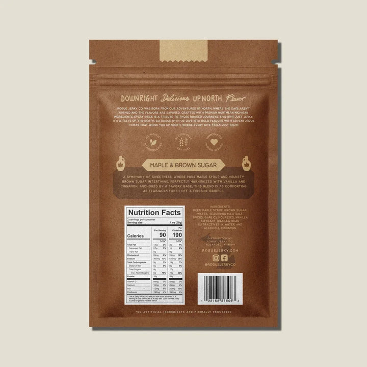 Back of maple and brown sugar beef jerky pouch showing ingredients and nutrition facts
