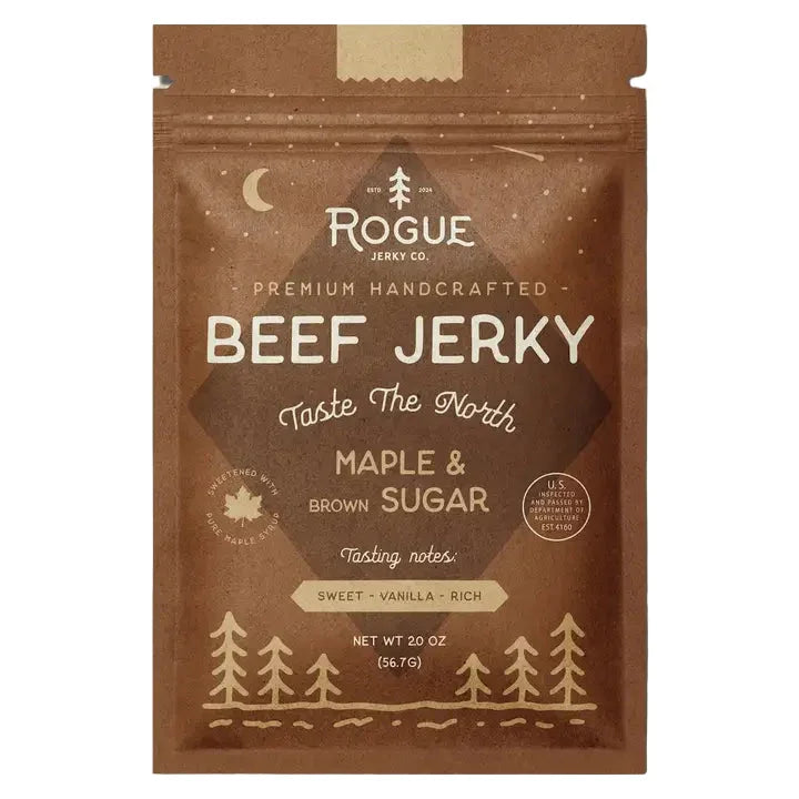 Brown resealable pouch of maple and brown sugar beef jerky with forest design elements