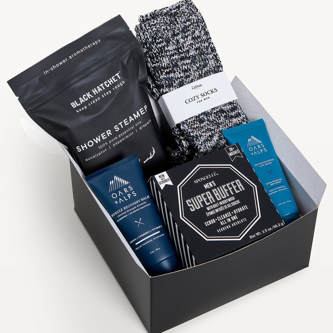 Men's Grooming Gift Box, close-up of the open black gift box. Giften Market.
