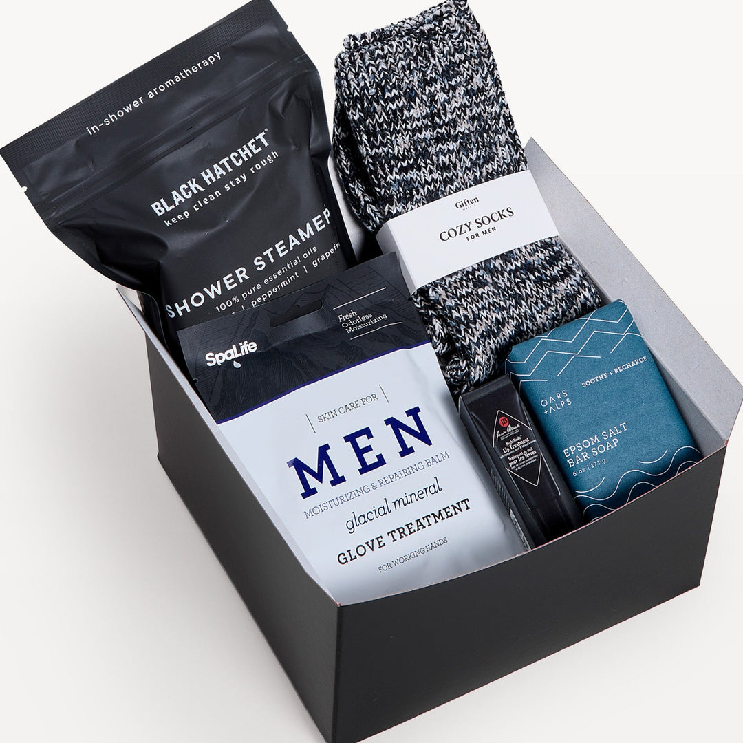 Men's Self-Care Gift Box, close-up of the open black gift box. Giften Market.