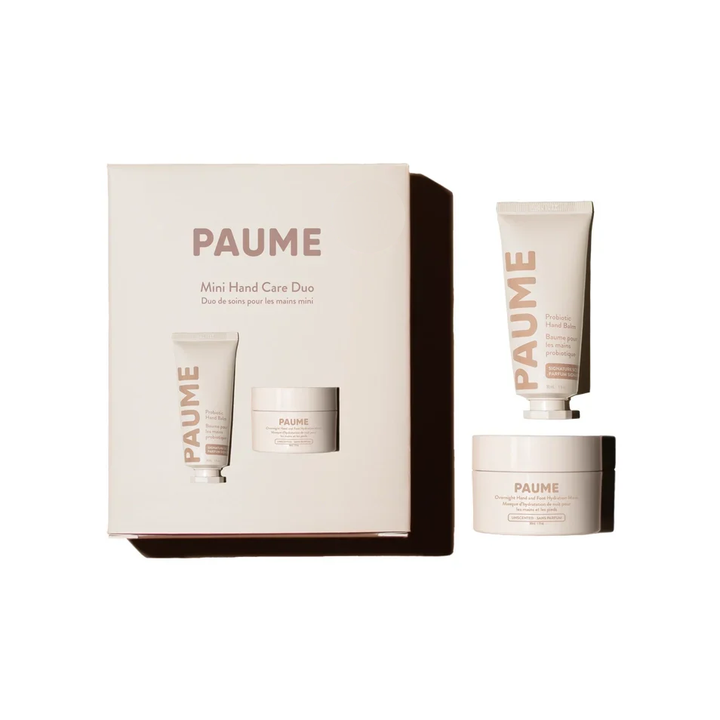 Paume Mini Hand Care Duo box beside its travel hand cream tube and small balm jar