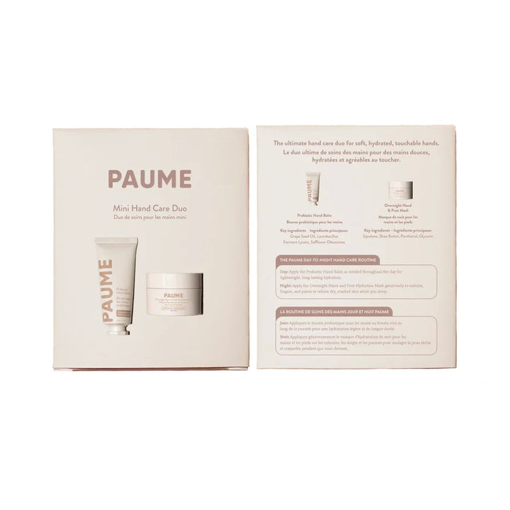 Paume Mini Hand Care Duo open box with printed care routine on the inside lid