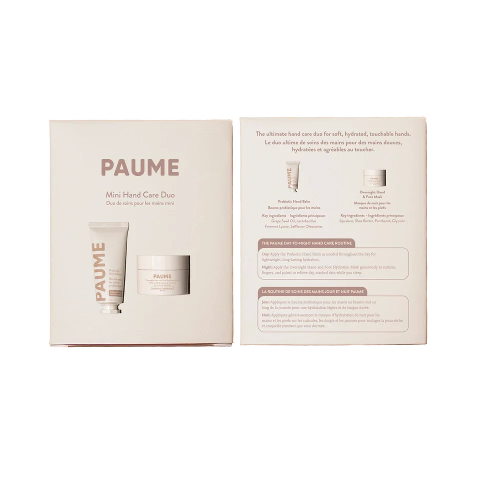 Paume Mini Hand Care Boxed Set open showing the inner lid with usage instructions